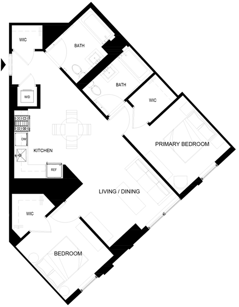 Floor plan for 2 beds, 2 baths, 847 sqft